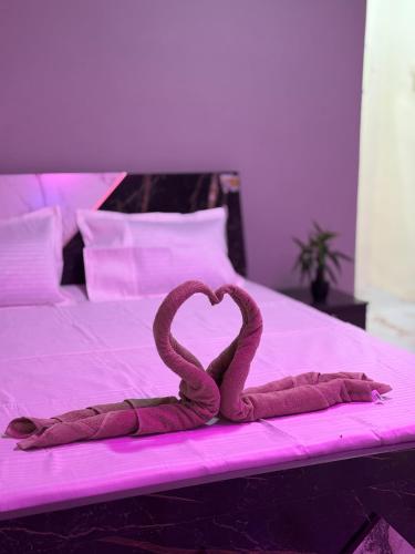 a heart shaped towel on a bed with pink lights at Gawkari Hillside Agroturism in Satara