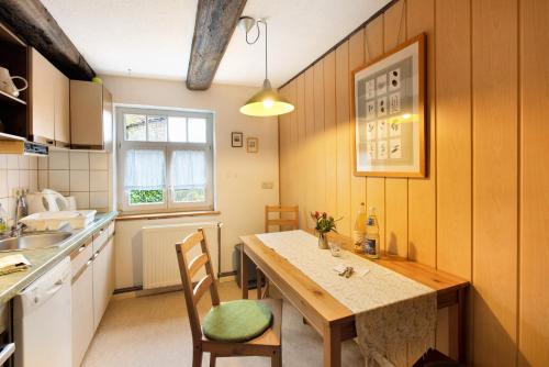 a kitchen with a table and chairs and a sink at Ferienwohnung Gute Stube in Veckenstedt