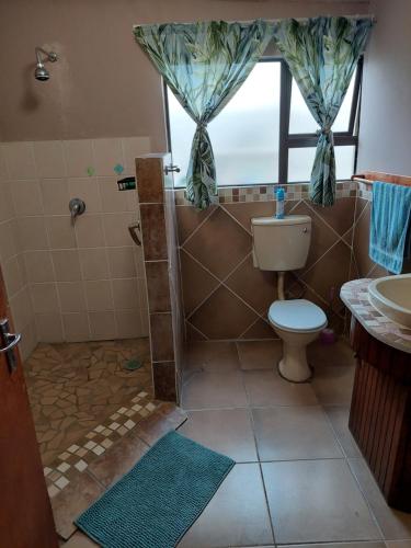 a bathroom with a shower and a toilet and a sink at Cozy Corner Serenity Suite in Bredasdorp