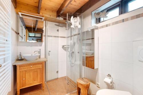 a bathroom with a shower and a sink at Ferienhaus Karlsminde in Waabs