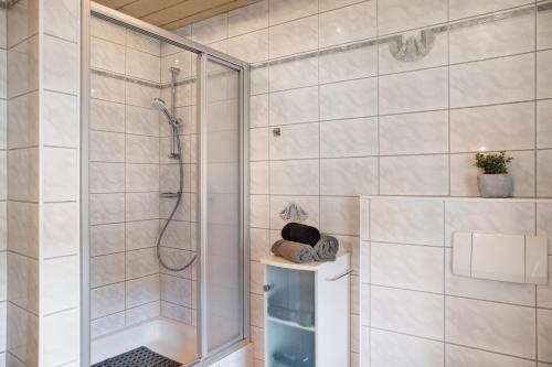 a shower with a glass door in a bathroom at Hof Almfrieden - Dormitz in Nassereith