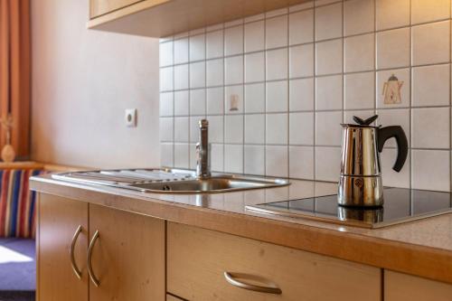 a kitchen with a sink and a kettle on a counter at Haus Alpenblick Apt Brunelle in Laion