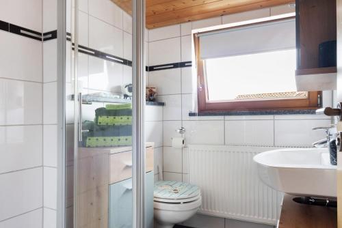 a bathroom with a toilet and a sink at Ferienwohnung Wendelinus in Rettenberg