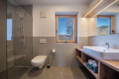 a bathroom with a sink and a toilet and a shower at sunnig Apartment Sonnenlicht in Vollan