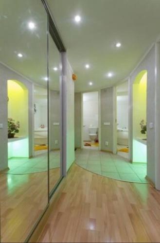 a room with a hallway with glass doors and wooden floors at Михайловская in Kyiv