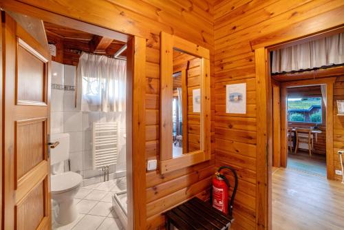 a wooden bathroom with a toilet and a sink at Chalet Bühberg Alm in Bad Lauterberg