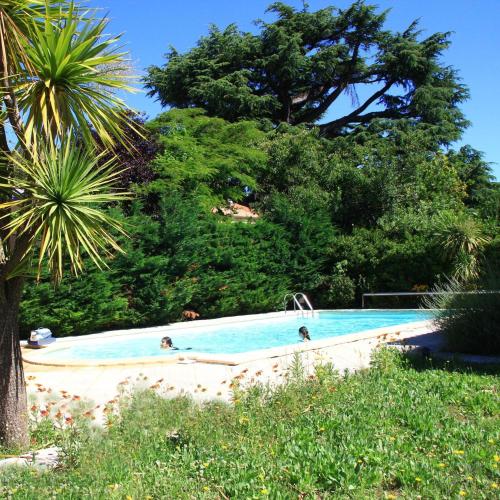 two people swimming in a swimming pool with trees at Villa Loudéro in Bédarieux