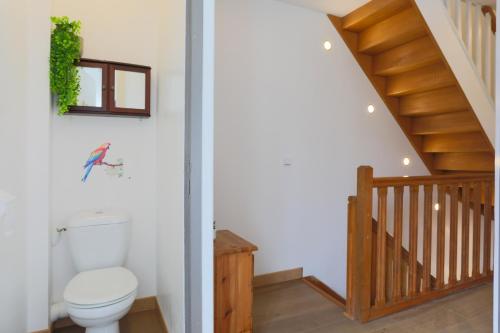 a bathroom with a toilet and a staircase at Oasis tropicale a Cleguerec in Cléguérec