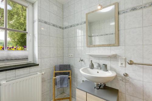 a bathroom with a sink and a mirror and a window at Chalet Sonnenhügel in Schmallenberg