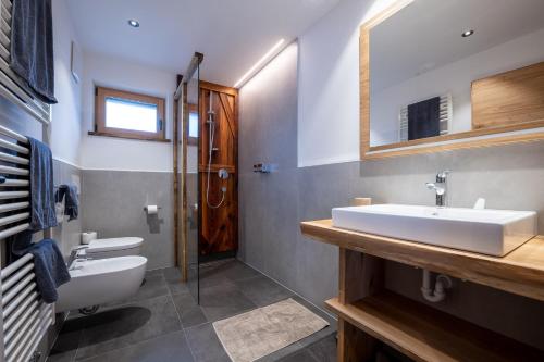 a bathroom with a sink and a toilet and a mirror at Ladinser Hof Sternenhimmel in Castelrotto