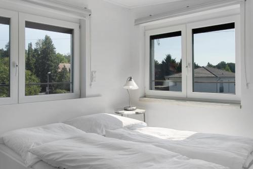 a white bedroom with a bed and two windows at Luxusvilla Neubau 2 in Oberasbach