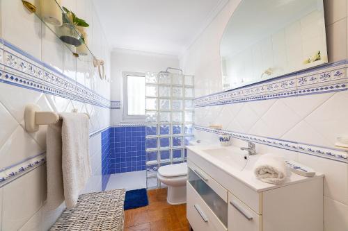 a blue and white bathroom with a toilet and a sink at Cortijo Indalo in Pechina