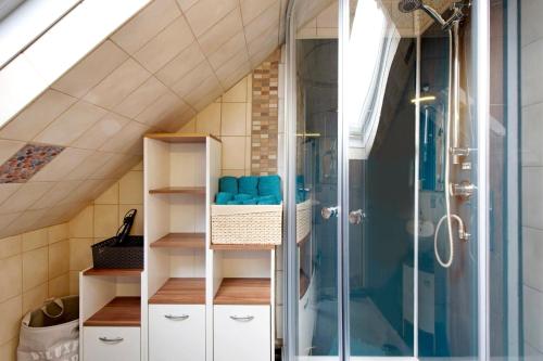 a bathroom with a shower in a attic at Ferienwohnung Sink in Staufen im Breisgau