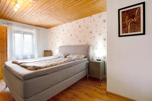 a bedroom with a bed and a wooden ceiling at Ferienwohnung Sink in Staufen im Breisgau