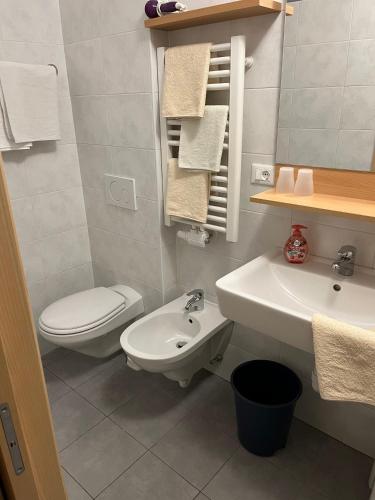 a bathroom with a white toilet and a sink at App Sonne Nr 17 in Lutago