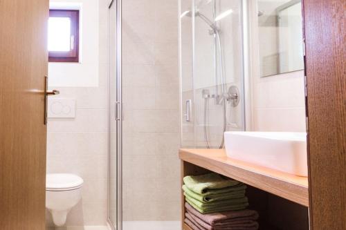 a bathroom with a sink and a shower at Ferienwohnung Lanz 1 in Lana
