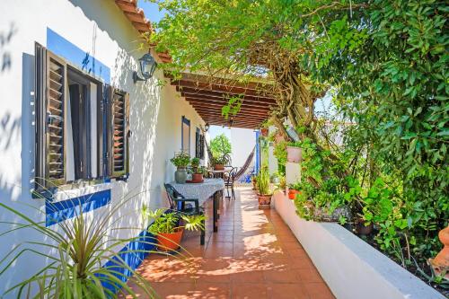 a courtyard of a house with a table and plants at Monte da Bárbara in Algoceira