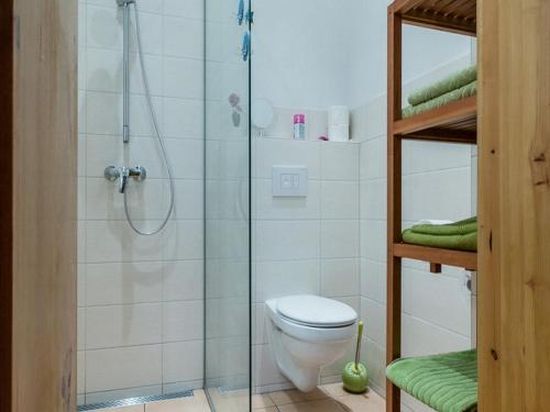 a bathroom with a shower and a toilet at Ferienwohnungen Romantika in Potsdam