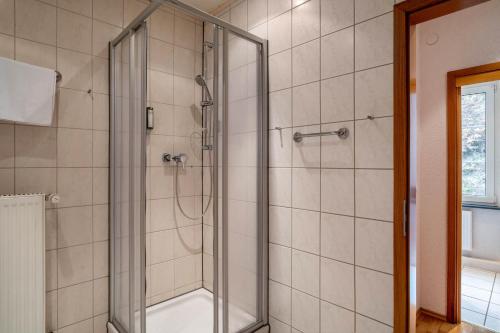 a shower with a glass door in a bathroom at Luise in Bad Bergzabern