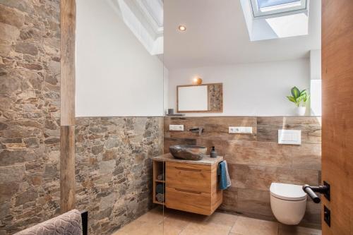 a bathroom with a sink and a toilet and a mirror at Ferienwohnung Vrenal in Farchant