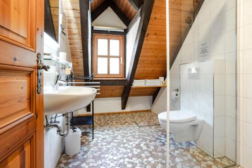 a bathroom with a sink and a toilet at Ferienhof Hohe in Hiltpoltstein