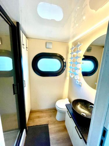 a bathroom with a sink and a toilet at Hausboot inkl Motorboot, Ostsee in Heiligenhafen