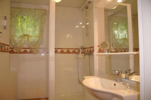 a bathroom with a sink and a shower and a toilet at Haus Elke in Gomadingen