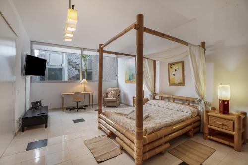 a bedroom with a canopy bed and a television at Villa Playa del Duque in Adeje