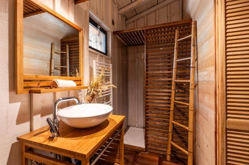 a bathroom with a white bowl sink on a wooden counter at Chalet Savannaketh in Lacanau