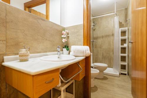 a bathroom with a sink and a toilet at Sauc Beach Apartment in Canet de Mar