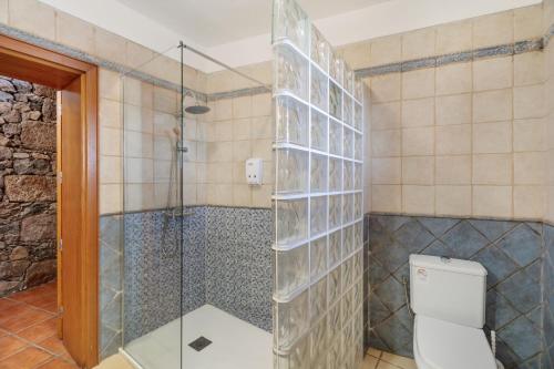 a bathroom with a glass shower with a toilet at El Almendro in Tesbabo