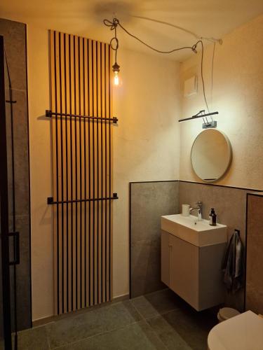 a bathroom with a sink and a mirror and a shower at moselquartier terlinden- Apartment in Besch