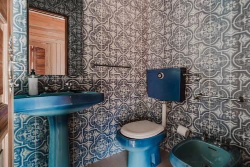 a bathroom with a blue sink and a toilet at Quinta Das Regadas in Rendufe