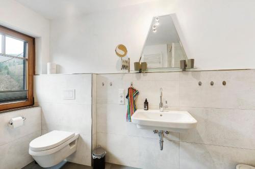 a bathroom with a sink and a toilet and a mirror at Ferienwohnung Grobbel in Schmallenberg