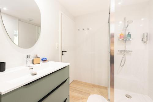a bathroom with a sink and a shower at Gîte Lodge L'authentik in Accous
