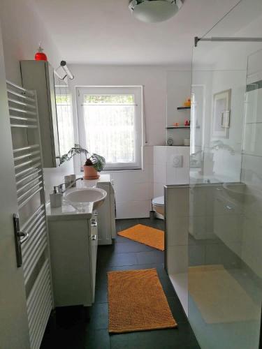 a bathroom with a sink and a shower at Villa Bulla-ÿ in Bullay