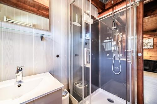 a bathroom with a shower and a sink at Chalet 6p Confort - L'ours blanc in Verchaix
