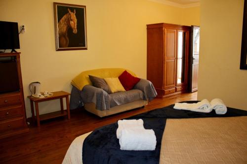 a living room with a couch and a horse painting on the wall at Solar de Rabal in Bragança