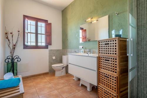 a bathroom with a sink and a toilet and a mirror at Finca Son Puca in Petra