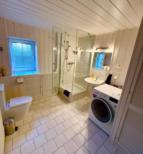 a bathroom with a shower and a washing machine at Ferienappartement - Haus am See in Woltersdorf