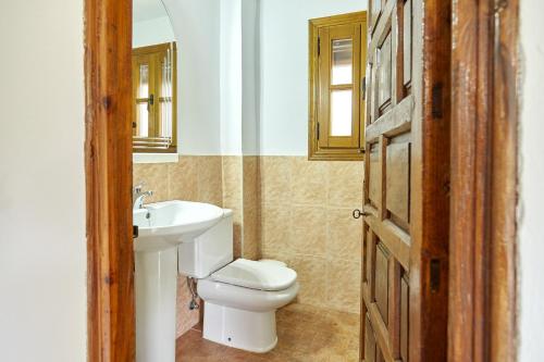 a bathroom with a toilet and a sink and a mirror at Cortijo Rural Majolero 3 in Castillo de Locubín
