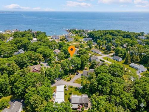 an aerial view of a park with a orange marker at 3 Mins to York Beach Large Deck Water View in York