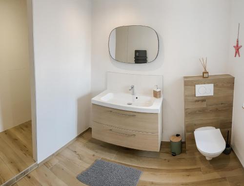 a bathroom with a sink and a toilet and a mirror at Gîte bord de mer - le Chardon in Pirou
