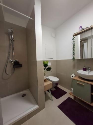 a bathroom with a sink and a shower and a toilet at Jmr in Uelzen