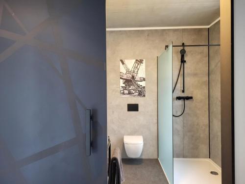 a bathroom with a shower and a toilet in it at Apartment Schlossterrassen 8a in Pouch