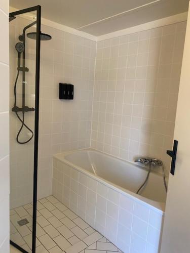 a bathroom with a bath tub and a shower at HOLTINGERHUYS Havelte- Giethoorn! Tegen betaling Wellness!!! in Havelte
