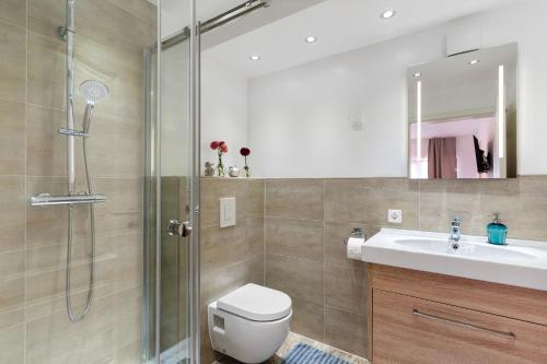 a bathroom with a shower and a toilet and a sink at Ferienwohnung Santa Gabriella in Herbolzheim