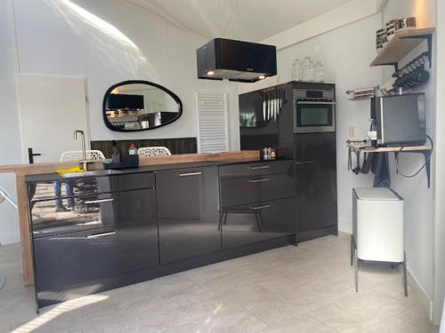 a kitchen with black cabinets and a counter top at HOLTINGERHUYS Havelte- Giethoorn! Tegen betaling Wellness!!! in Havelte