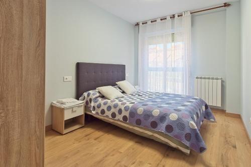 a bedroom with a bed with a purple comforter and a window at Vivienda Turística Osiris in San Andrés del Rabanedo