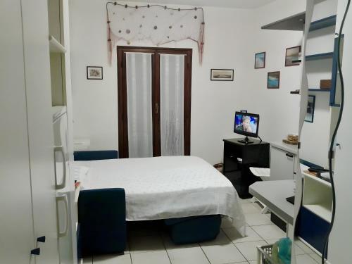 a bedroom with a bed and a television in it at Monolocale Sergi- Piscina In Comune in Stintino